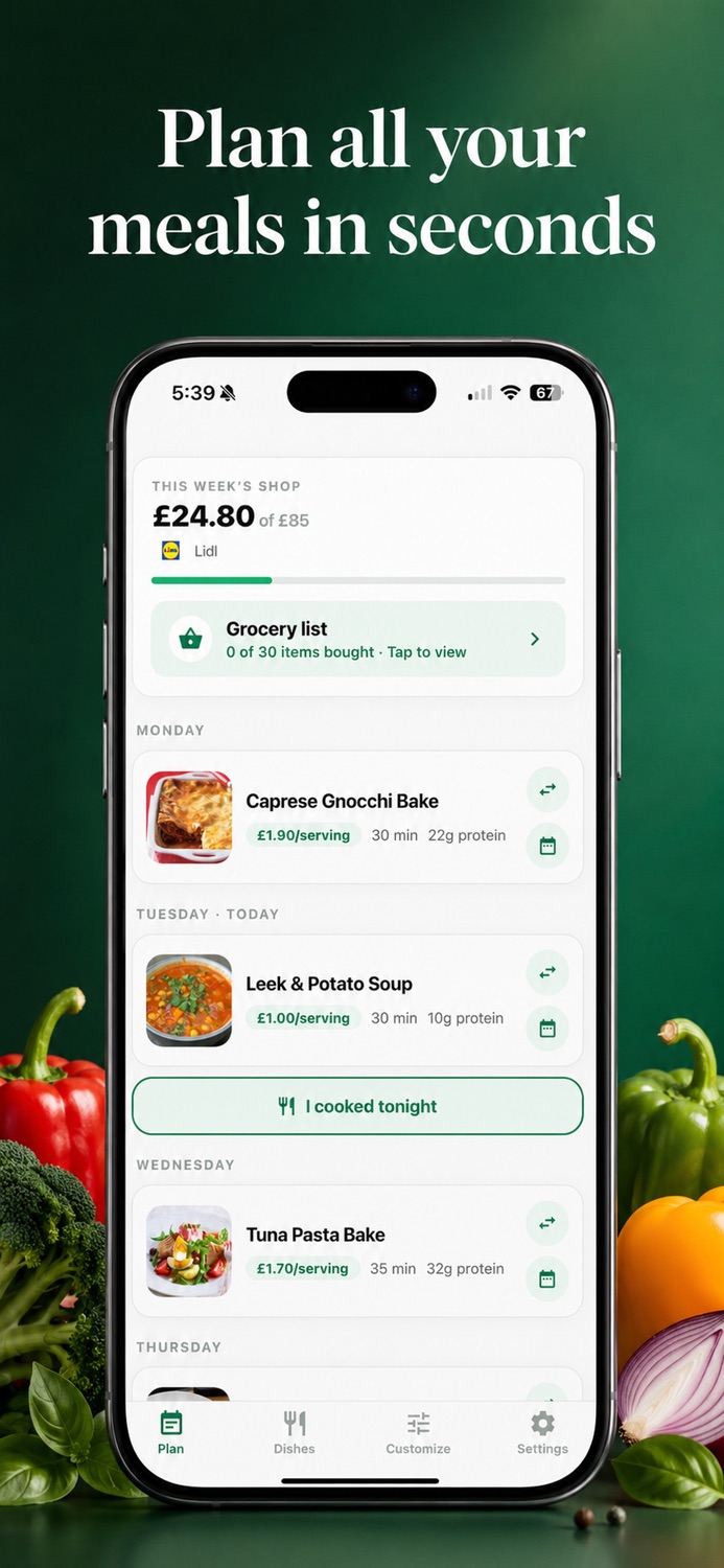 Measy plan screen showing a full week of dinners and the total against a weekly budget