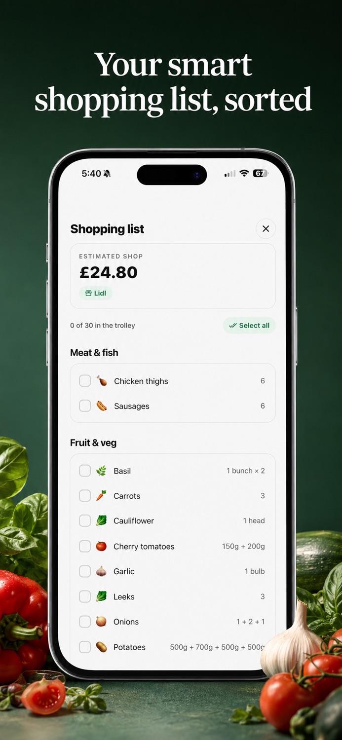 Shopping list organised by aisle with a running total